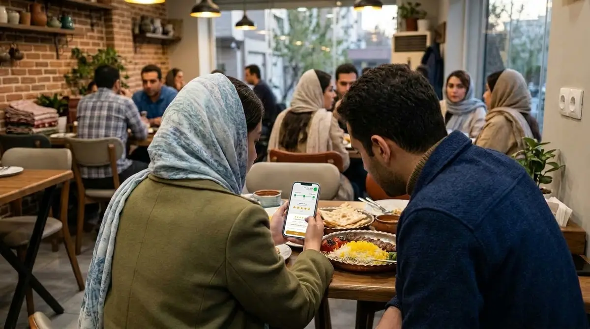 مشتری بعد از غذا نظرش رو روی گوشی ثبت میکنه